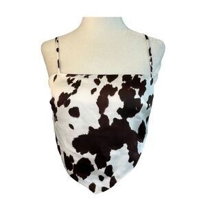 Forever 21 Satin Cow Print Crop Top Brown White Adjustable Straps Smocked S
